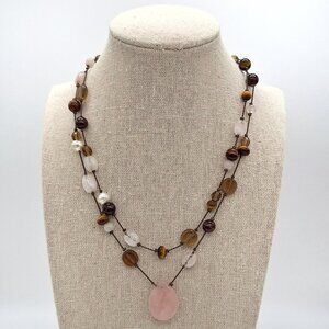 Lia Sophia Cimaron Rose Quartz Pendant Tiger's Eye Bead Two Strand Necklace